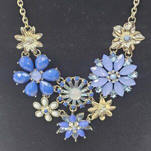 Blue Floral Necklace Silver Tone Metal Chain Rhinestone Beads Unmarked Women